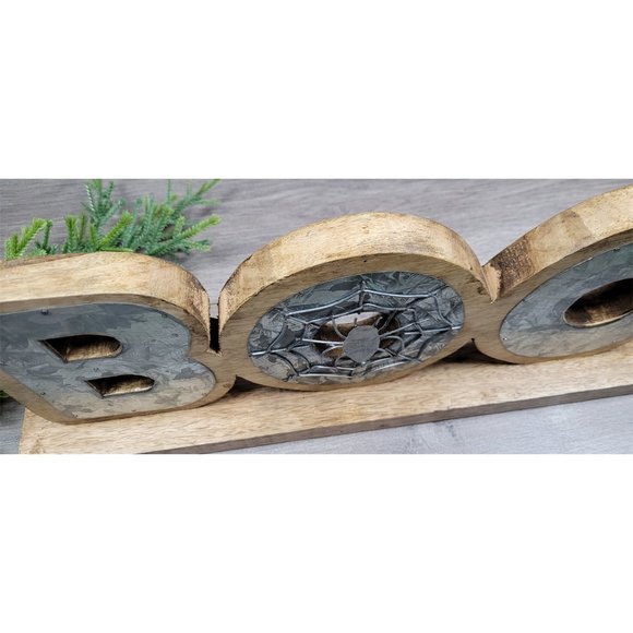 Halloween Wood Boo Tabletop Sign Decor With Metal Spider Web Farmhouse - Picture 2 of 12